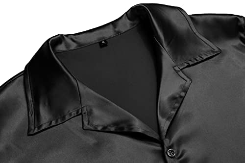 URRU Men's Luxury Shiny Silk Like Satin Dress Shirt Cuban Collar Short Sleeve Casual Slim Fit Muscle Button Up Shirts Black L