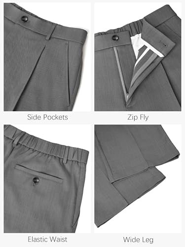 PLEPAN Men's Casual Dress Pants Pleated Baggy Wide Leg Relaxed Fit Slacks Expandable Waist Trousers Dark Gray Medium