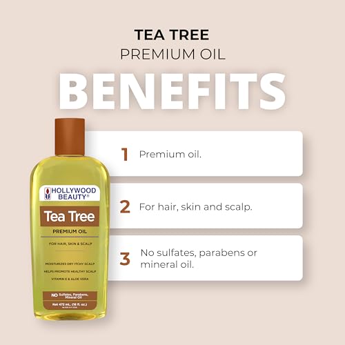 Hollywood Beauty Tea Tree Oil for Hair, Scalp, and Skin, 16 fl oz - Moisturizes Dry, Itchy Scalp, Blended with Vitamin E & Aloe