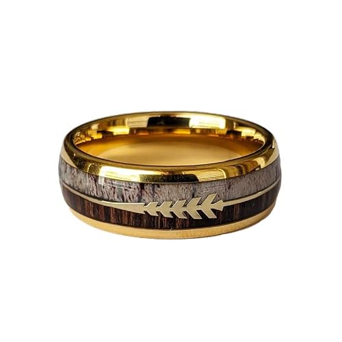 Pillar Styles 14K Gold Antler Wedding Band with Koa Wood and Arrow Inlay - Men's & Women's Unisex Rustic Boho Ring