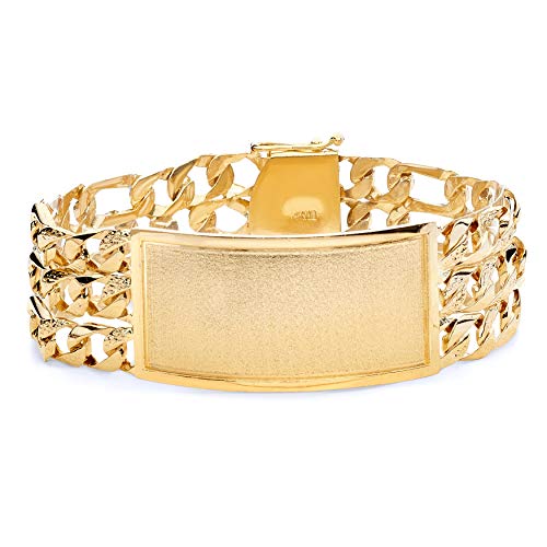 14k REAL Yellow Gold Men's 3 Line Nugget Figaro Link ID Bracelet - 9"