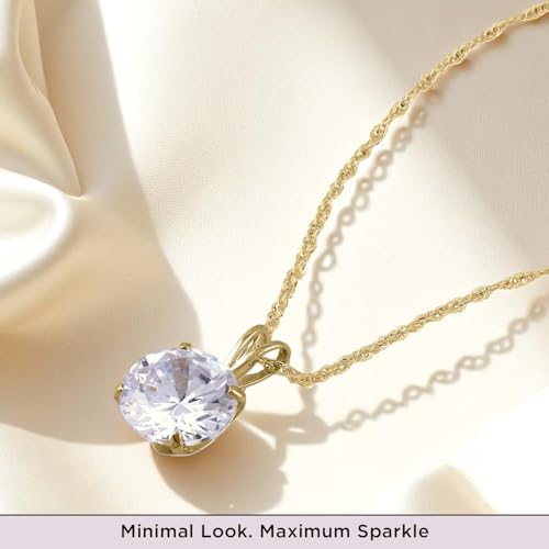 Jewelili 10K Yellow Gold Solitaire Pendant Necklace for Women | Dainty Round Cut White Cubic Zirconia Gold Necklace 8.0MM (2.0 CTW) | 18" Rope Chain | Birthday Gift for Her | Gift Box Included