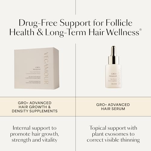 VEGAMOUR GRO+ Advanced Hair Growth & Density Supplements - MD-Formulated, Reduces Shedding, Supports Longer-Looking Hair, Vegan, Dual-Pill System, Daily Packs