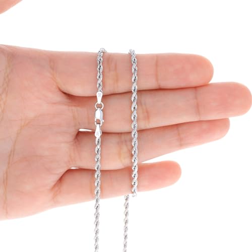 Nuragold 14k Real White Gold Rope Chain Solid Diamond Cut Necklace - 2.5mm - 18"