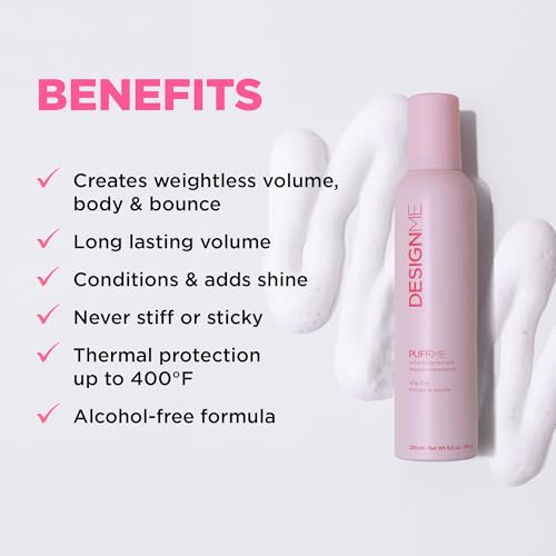 Design.Me PUFF.ME Hair Volumizing Mousse | Lightweight & Flexible Hold Mousse for Curls, Waves, or Straight Hair | Sulfate & Paraben-Free Volumizer for Fine Strands with Vitamins B5 & E, 250mL