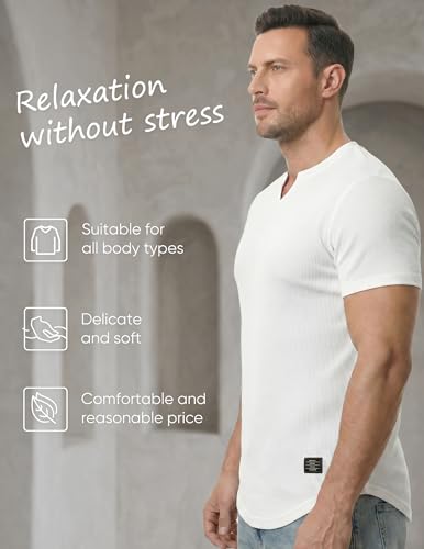 JMIERR Men's Muscle Slim Fit T-Shirt V Neck Hipster Longline White Henley Shirt Short Sleeve Gym Workout Athletic Fitted Tees Shirts for Men,US 43(L)