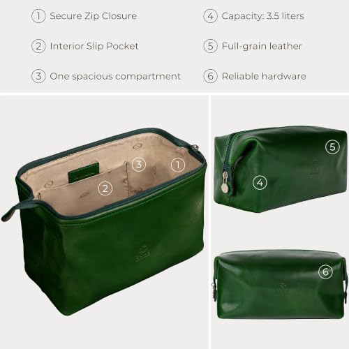 Time Resistance Leather Toiletry Bag - Italian Cosmetic Case Dopp Kit (Green)