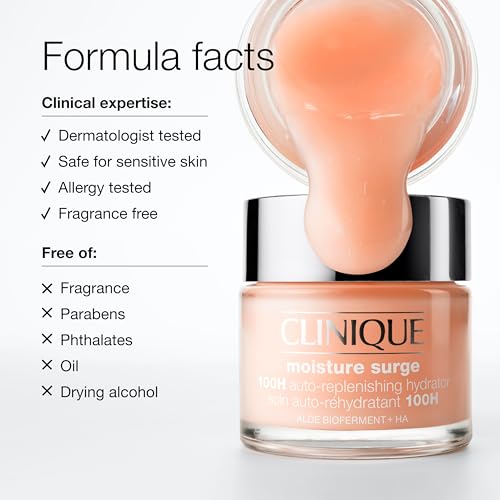 Clinique Moisture Surge 100H Auto-Replenishing Hydrator Oil Free Face Moisturizer | With Hyaluronic Acid, Aloe Bioferment and Vitamins C + E | For All Skin Types | Hydrating + Moisturizing, 2.5 Fl Oz