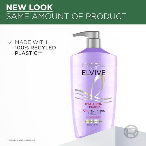 L'Oreal Paris Elvive Hyaluron Plump Shampoo and Conditioner Set for Dry, Dehydrated Hair, 72H Hydrating Hair Care, Infused with Hyaluronic Acid Complex, 53 Fl Oz Set