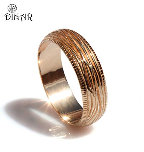 14k solid gold woodgrain tree bark textured rounded milgrain comfort fit men gold wedding band