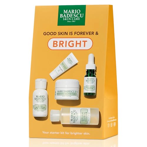Mario Badescu Good Skin Is Forever & Bright 5-Piece Skincare Set – Glycolic Cleanser, Vitamin C Serum, Hydro Moisturizer, Brightening Mask & Eye Serum for Radiance