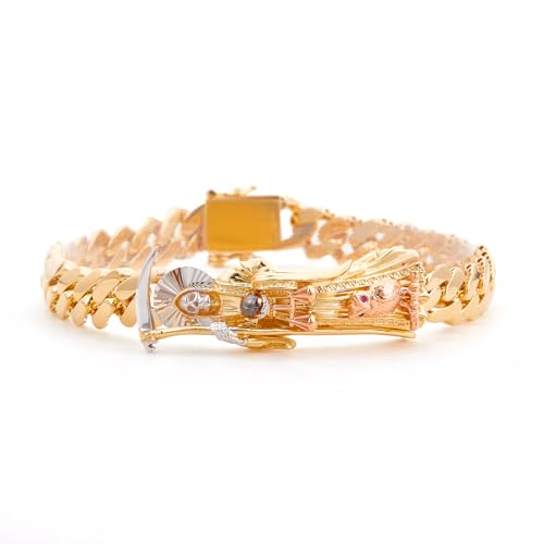 14k Tri Color Gold Cuban Link Santa Muerte ID Bracelet - 8.5"