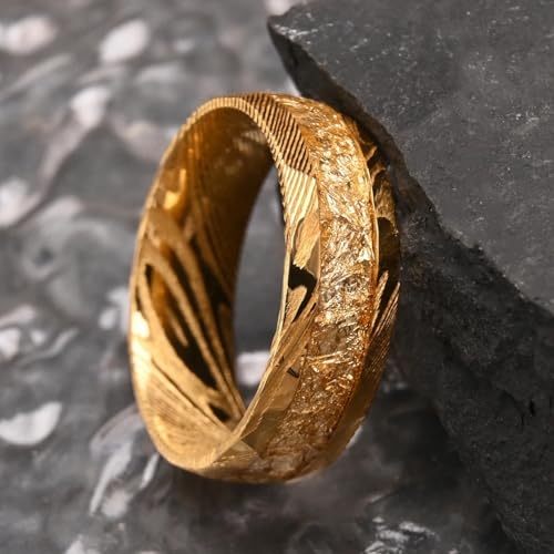 Surhel Damascus Steel Ring Gold Plated with Gold Foil Men's Ring (Golden,11)