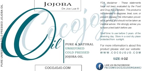Cocojojo Jojoba Oil Organic, Jojoba Oil for Hair Growth for Skin, Face, 100% Pure Natural, Cold Pressed, Deep Moisturizing Anti-Aging, Essential Oils - 8 Fl Oz