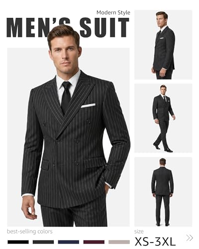 YND Men's 2 Piece Double-Breasted Suit, Slim Fit Stripe Tuxedo Set with Tie, Party Wedding Dress Blazer, Tux and Trousers,