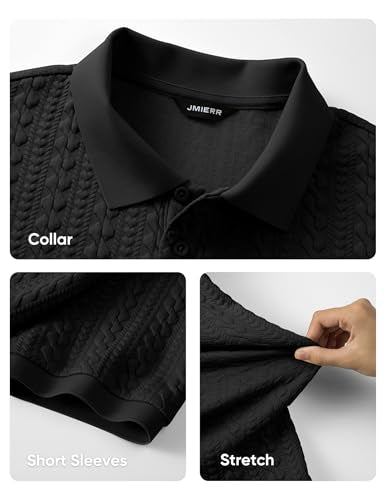 JMIERR Polo Shirts for Men Classic Fit Casual Ribbed Button Down Shirt Quiet Luxury Clothes Casual Collared Shirt, US43(L), Black