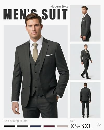 YND Men's 3 Piece Suit Set with Tie, 2 Button Slim Fit Solid Blazer Jacket Vest Pants, Business Wedding Party Suits for Men, Deep Grey