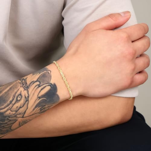 Nuragold 14k Real Yellow Gold Rope Chain Solid Diamond Cut Bracelet - 3mm - 7"