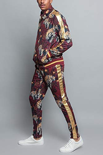 G-Style USA Men's Set Royal Floral Tiger Accent Track Suit ST559 - Burgundy - 2X-Large