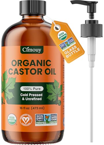 Cimouy USDA Organic Castor Oil Glass Bottle16oz,Vegan,EWG Verified 100%Pure