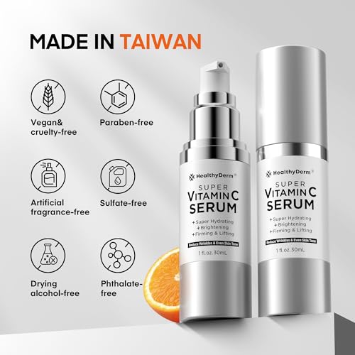 HealthyDerm Super Vitamin C Serum for Women Over 70: Niacinamide, Vitamin C, Hyaluronic Acid, Peptides, Vitamin E, Caffeine, Bakuchiol, Hydrating, Lifting, Face Wrinkle & Age Spots Reduction