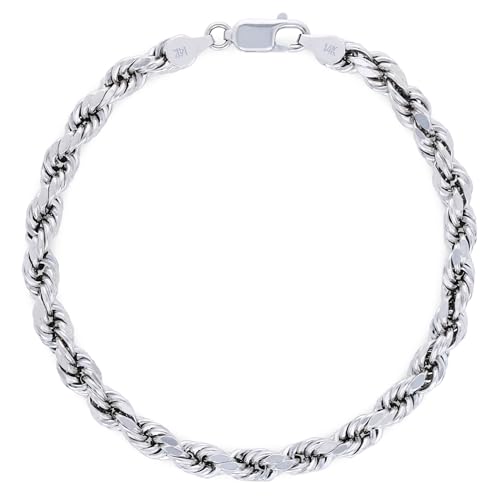 Nuragold 14K Real White Gold Rope Chain Diamond Cut Bracelet (2mm-5mm) - 2mm,7.5"