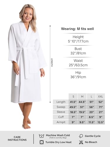 Turkish Linen Waffle Knit Lightweight Kimono Spa & Bath Robes for Women - Quick Dry - Soft (White, Large)