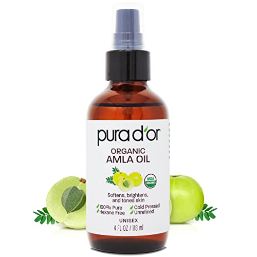 PURA D'OR 4 Oz ORGANIC Amla Oil, 100% Pure USDA Certified Premium Grade, Cold Pressed, Unrefined, Extra Virgin, Hair Serum & Thickening Hair Product w/Pump for Women & Men, Ayurvedic Skin Care