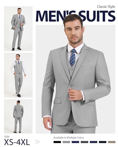 Cooper & Nelson Men's Suit Slim Fit, 3 Piece Suits for Men, One Button Jacket Vest Pants with Tie, Tuxedo Set Light Grey L