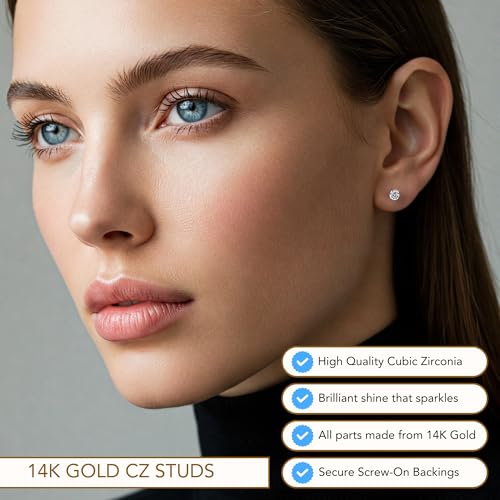 14k White Gold Solitaire Round Cubic Zirconia Stud Earrings Screw-back 4mm