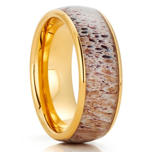OVIEDO JEWELRY Deer Antler Wedding Ring, Yellow Gold, Tungsten Man's Wedding Band, Woman's Unique Anniversary, and Engagement Ring, Natural Antler, Dome, Comfort Fit