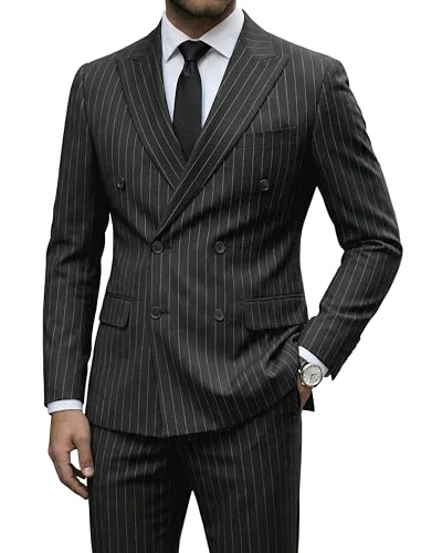 YND Men's 2 Piece Double-Breasted Suit, Slim Fit Stripe Tuxedo Set with Tie, Party Wedding Dress Blazer, Tux and Trousers,