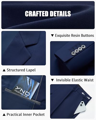 YND Men's Slim Fit 2 Button 3 Piece Suit Set, Blazer Jacket Vest Pants and Tie, Solid Wedding Dress Tux and Trousers Deep Blue