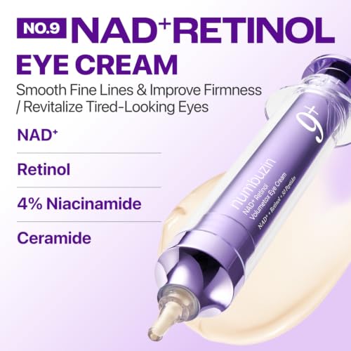 numbuzin No.9 NAD+ Retinol Eye Cream for Dark Circles, Puffiness, Crow's Feet with 50 Peptides, 4% Niacinamide & Ceramide, Reduces Wrinkles & Fine Lines, korean eye cream, 0.33 fl oz