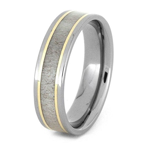 The Men's Jewelry Store (Unisex Jewelry) Deer Antler, 14k Yellow Gold Pinstripe 6mm Comfort-Fit Titanium Wedding Band and Sizing Ring, Size 10.25