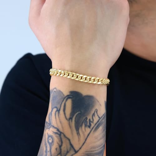 Nuragold 14k Real Yellow Gold Miami Cuban Lightweight Link 7.7mm Chain Bracelet (7"-9") Italian Jewelry for Men & Women - 7"