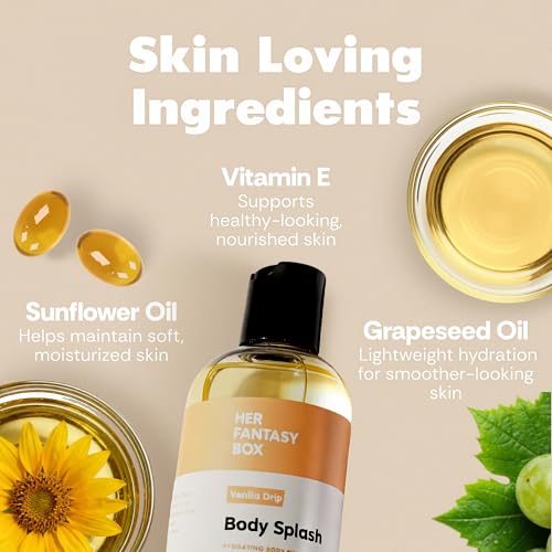 Her Fantasy Box | Body Splash Vanilla Drip Fragrance Oil – Warm Vanilla Sugar Scent with Creamy Cashmere & Sandalwood, Lightweight Hydrating Body Oil, Vegan & Cruelty Free
