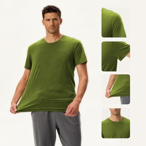 100% Pure 15.5 Micron Merino Wool T-Shirt for Men - 180g Ultra-Rare Luxury, Lightweight, Moisture Wicking Athletic Short GreenM