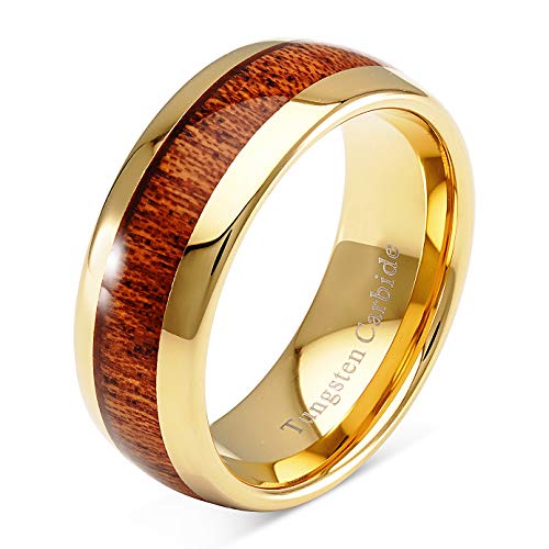 100S JEWELRY Engraved Personalized Tungsten Ring for Men Women Wedding Band Koa Wood Inlaid Gold Plated Size 6-16 (Tungsten, 10)