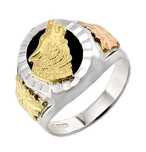 Black Hills Gold Jewelry Men's 925 Sterling Silver Howling Wolf Onyx Stone Ring, 10k Yellow Gold, 12k Green and Rose Size 13.75