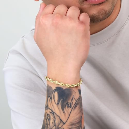 Nuragold 14k Real Yellow Gold Rope Chain Diamond Cut Mens Bracelet - 6mm - 8.5"