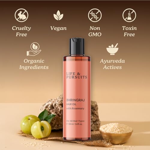 Life & Pursuits Bhringraj Hair Oil, 3.4 Fl Oz – Ayurvedic Hair Growth Oil for Men & Women, Natural Scalp Oil for Hair Fall, Dry Itchy Scalp, Frizzy Curly Hair, Weak Roots, Rosemary, Amla & Tea Tree