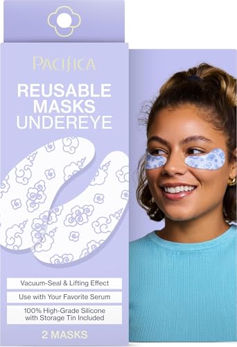 Pacifica Reusable Mask – Under Eye Mask Silicone Face Mask for Fine Lines & Dark Circles, Pair with Serum, Storage Tin Included, Vegan & Cruelty-Free, 2 Pieces