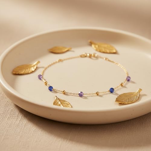 NFYBD 14K Solid Gold Custom Multi-Gemstone Station Bracelet in Real Pure Gold Gift for Women (Simulated diamonds and garnets)