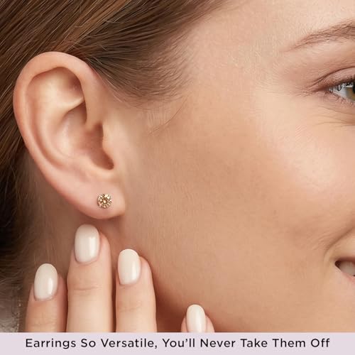 Jewelili 10K Yellow Gold Champagne Cubic Zirconia Stud Earrings for Women