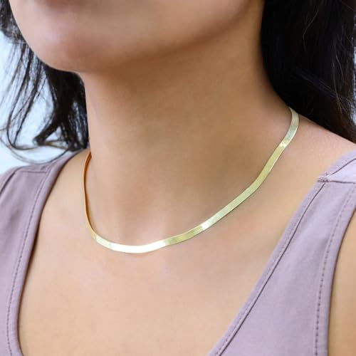 Nuragold 14k Real Yellow Gold Herringbone 4mm Chain Flexible Necklace - 18"