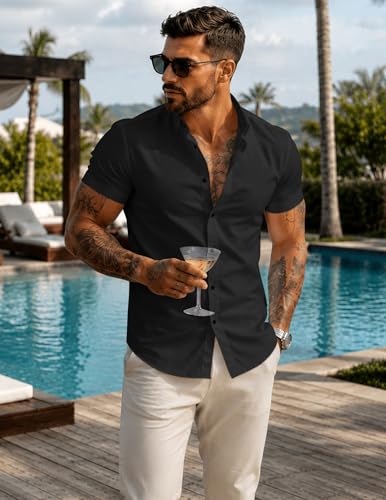 JMIERR Muscle Dress Shirts for Men Muscle Fit Stretch Casual Button Down Short Sleeve Wrinkle-Free Shirt,M,Black