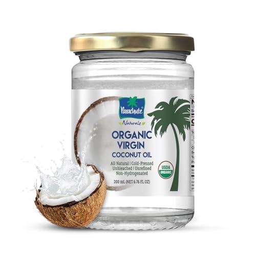 "Parachute Naturalz Organic Virgin Coconut Oil | Cooking Oil, Hair Oil, Body Oil & Oil Pulling | Cold Pressed | Unbleached | Unrefined | Non-Hydrogenated | MCT Oil | USDA Certified |6.7 Fl. Oz. | Glass Jar"