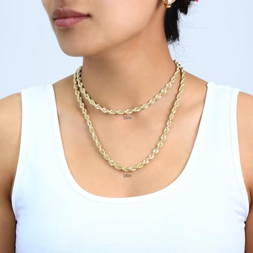 Nuragold 14K Real Yellow Gold Rope Chain Diamond Cut Necklace Men & Women - 6mm,24"