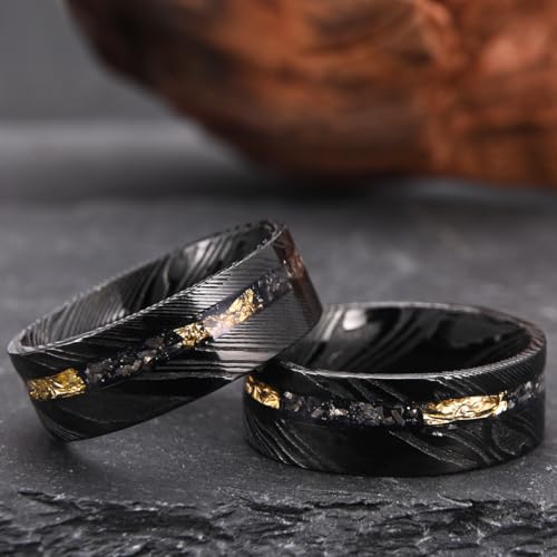 Concept Knight Black Damascus Steel Rings for Men Flat Men's Wedding Bands